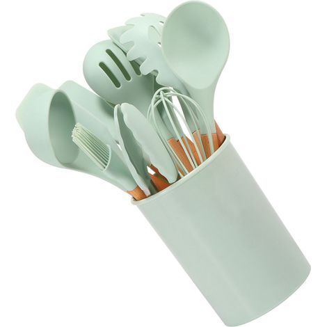 Ensemble de 11 ustensiles de cuisine en silicone résistant à la chaleur avec manches en bois et boîte de rangement, idéal pour le camping, vert clair (1/5)