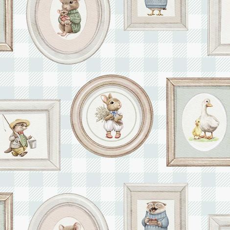 Papier peint animaux portraits vichy bleu enfant (1/2)