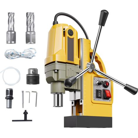 Perceuse magnétique 1200W, Ø forage 40mm, 12500N, 2 trépans, vitesse variable, pour métal, jaune. (1/5)