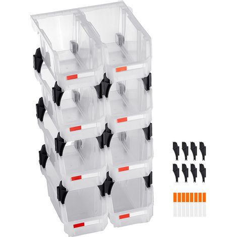 Bacs de rangement empilables en plastique, 27,6 x 14 x 13 cm (lot de 8), transparents, pour bureau, garage, placard et petites pièces. (1/5)