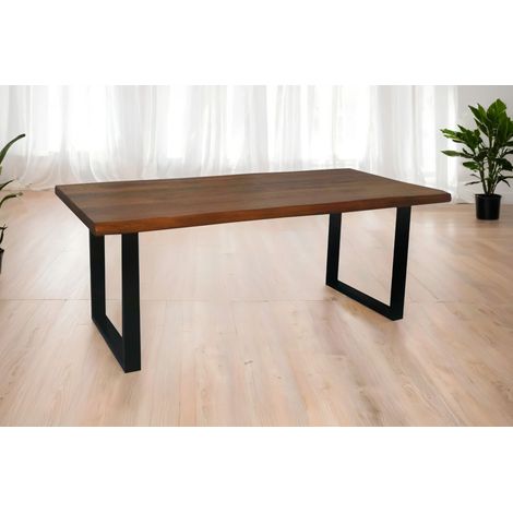 Esstisch Baumkante massiv Mango honigfarben 180 x 90 U-Gestell schwarz CALI (1/5)