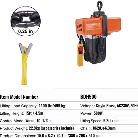 Palans à chaîne électrique, capacité de 1100 lbs, contrôle filaire, 1100 lbs (1/2)