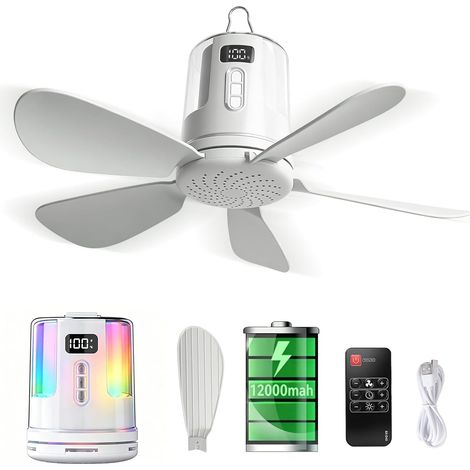 Ventilateur de plafond portable 10800 mAh avec éclairage, télécommande, 4 vitesses et 3 niveaux de luminosité, minuterie, ventilateur de camping extérieur, ventilateur de tente rechargeable par USB (1/5)