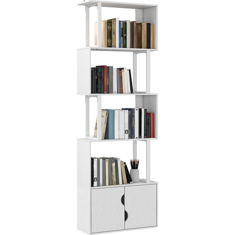 Bibliothèque à 5 niveaux, meuble de rangement avec étagères et placard double porte, 60 x 23,8 x 179,2 cm, blanc