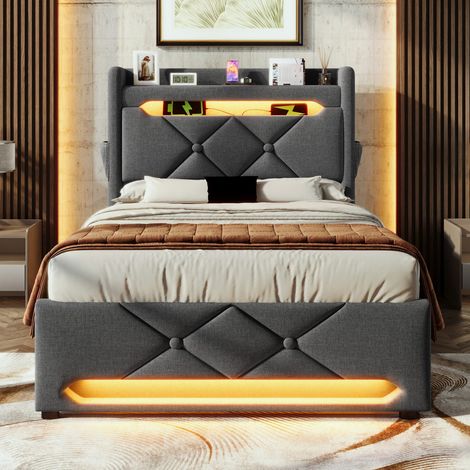 Lit simple rembourré 90x200 cm avec tête de lit de rangement, ports USB et Type-C, éclairage LED 360° autour de la tête et du pied de lit, coffre hydraulique, gris en lin (sans matelas) (1/5)