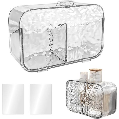 Organisateur Salle de Bain, Rangement Maquillage, Boite Coton Tige Transparent, Organisateur Maquillage Mural, Boite Rangement avec Couvercle avec 2 Compartiments de Rangement, Salle de Bain Accessoir (1/5)