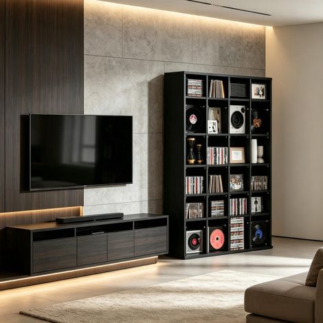 Mueble para CD/DVD con estantes regulables, negro, de aglomerado HAVRYA (1/5)