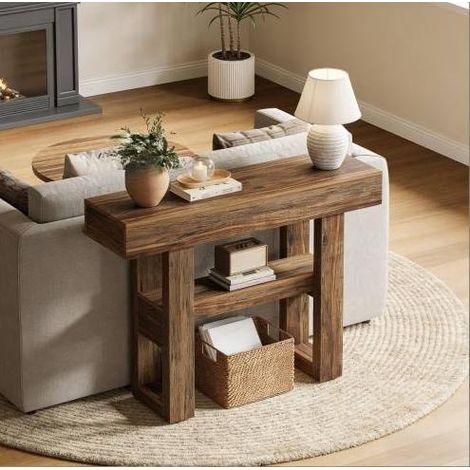 Mesa consola de entrada 105 x 30 x 80 cm, 2 niveles, MDF marrón estilo campestre HAVRYA (1/5)