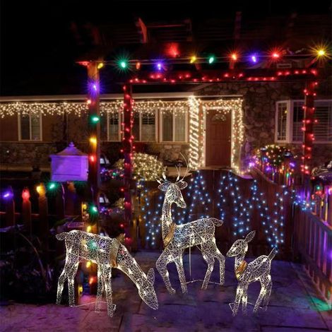 Ensemble de 3 rennes pré-éclairés de Noël 3D de la collection Lakeside, décoration de jardin extérieure représentant une biche, un faon et un cerf (1/5)