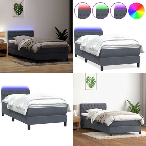 Letto a Molle con Materasso e LED Grigio Scuro 80x210 cm Velluto - Materasso a molle insacchettate - Letto con luci LED