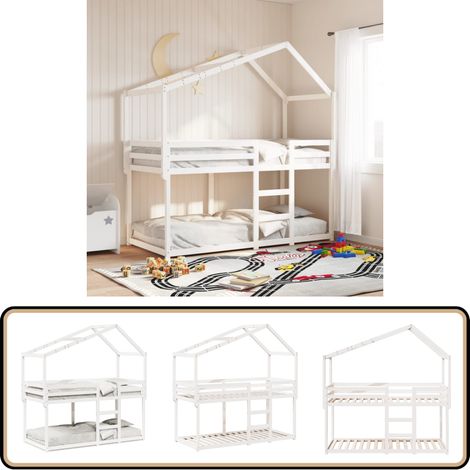 Etagenbett mit Dach Weiß 80x200 cm Massivholz Kiefer - Kinderbett - Holzbett - Jugendbett - Etagenbett - Hochbett