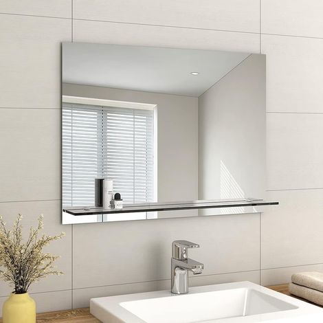 EMKE Frameless Mirror with Shelf - Small Bathroom Wall Shaving Mirror with Storage, Rectangle Vanity Mirrors 60x80cm (1/5)
