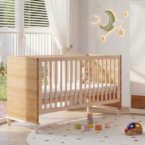 Lit Bébé à Barreaux en Bois 70 x 140 x 87 cm avec Hauteur Réglable sur 5 Niveaux, Berceau Enfant avec Pieds Stables, Sans Matelas, Couleur Bois Naturel (1/5)