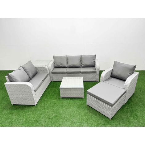 Fimous Patio PE Wicker 7 Seater Outdoor Rattan Furniture Sofa Sets with Square Coffee Table Reclining Chair Loveseat Sofa 3 Seater Sofa Big Footstool Side Table Light Grey (1/4)