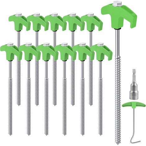 12PCS Piquets de Tente en Acier avec Foreur & Arrache Clou,25 cm Gazon Vert + Argent Sardines de Fixation Sardines Camping Crochets de Tente pour Surface Dure, (1/5)