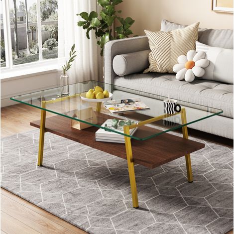 Mesa de centro (106x66x9 cm), de vidrio templado, patas doradas, MDF y vidrio, rosa palo y dorado (1/5)