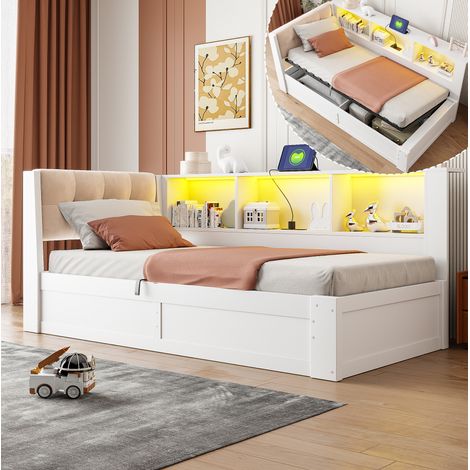 Cama individual 90/200 cm blanca con almacenamiento hidráulico, LED regulable, USB y estantería lateral (1/5)