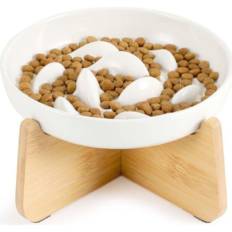 Ecleanfy - Gamelle Anti Glouton Céramique Surélevée Chat, Assiette Régime avec Support Bambou Anti Vomissement pour Chat Glouton (1/5)