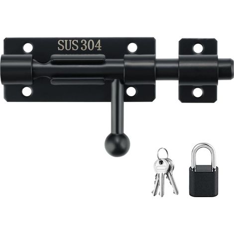 Verrous Loquet Porte Extérieur Loquet de Porte à Boulon Coulissant Verrou de Porte à Barillet Serrure avec Trou pour Cadenas, Finition en 304 Acier Inoxydable, Noir