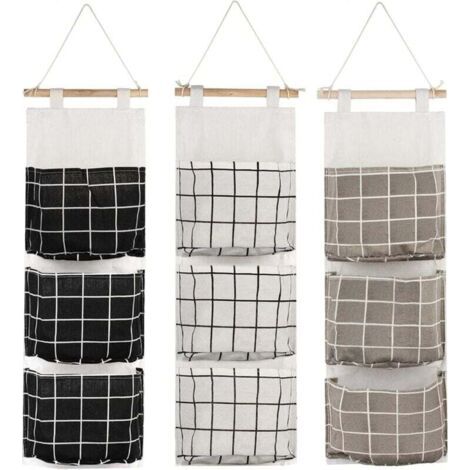 3Pcs Sac de Rangement Suspendu avec 3 Poches Étagère Mural en Tissu Panier Pochette de Rangement Organisateur pour Chambre Salle de Bain Cuisine - Étanche & Élégant (Noir/Gris/Blanc)