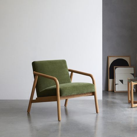 Fauteuil en bois de chêne massif et velours vert Axel (1/5)
