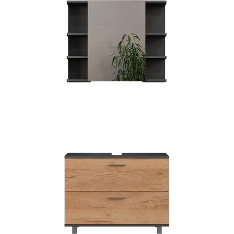 Meubles bain Ilias, Chêne doré/anthracite, 2 pièces, meuble bas 80 cm, Vicco