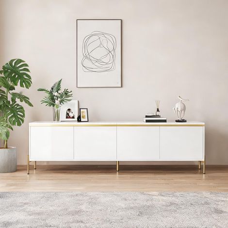 Meuble TV laqué blanc 170 cm avec rangements et passe-câbles (1/5)