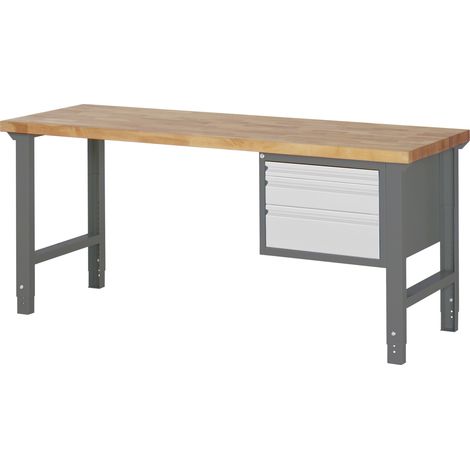 STIER Höhenverstellbare Werkbank Premium, 3 Schubladen, 200x70x79-114cm, aus pulverbeschichtetem Stahl und Buche, perfekt für anpassungsfähige Arbeitsumgebungen