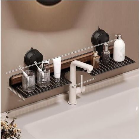 Étagère de salle de bain à ventouse en noyer, étagères de lavabo sans perçage au-dessus du robinet, support mural au-dessus du robinet de cuisine (noir, 50 cm) (1/4)