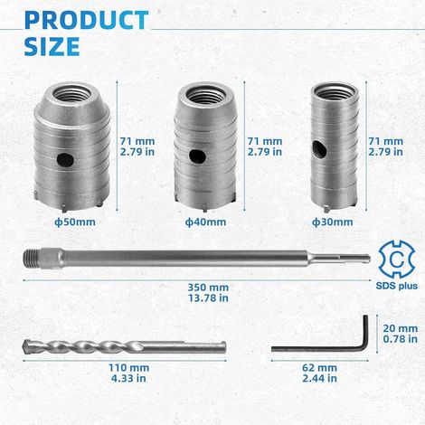 Trépan Béton Scie Trépan Carotteuse à Sec Couronne Carotteuse Coupe Trou Mur Diamètre 30mm 40mm 50mm avec Adaptateur SDS Plus 350mm et Foret de Centrage 110mm Pour Ciment, Brique, Pierre, Mur (1/5)