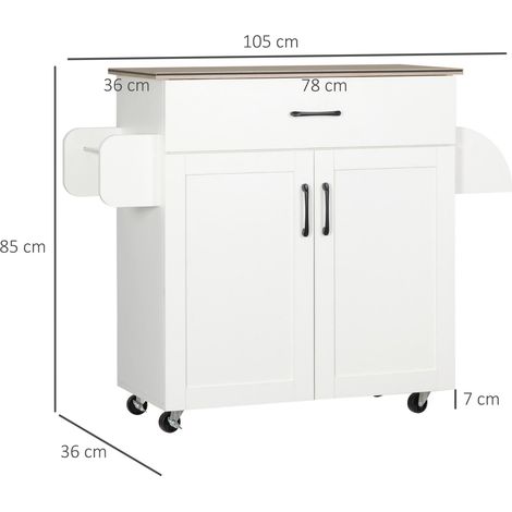 Chariot de cuisine à roulettes avec 1 tiroir, 2 portes, barre de suspension et étagère à épices, 105 x 36 x 85 cm, blanc (1/5)