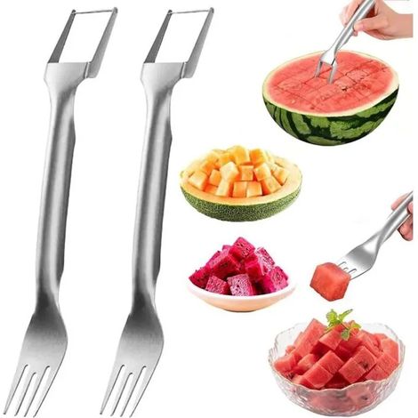 Trancheuse à pastèque 2 en 1 en acier inoxydable, outil de découpe à double fourchette pour pastèque (ensemble de 2 pièces) (1/5)