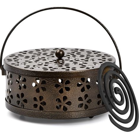 Porte Encens Classique,Support Bobine Anti-Moustique,Métal Brûleur d'Encens, Refoulement Brûleur d'Encens Charbon Poêle avec Poignée Couvercle Sécurité pour Maison, Camping, Voyages (Brun) (1/5)