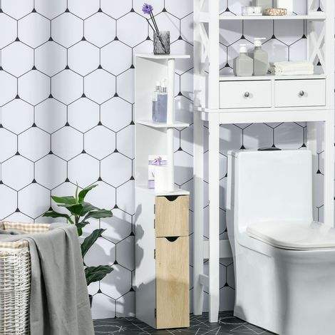 Colonne de salle de bain avec 2 étagères et 2 placards. Armoire haute gain de place, 15,2 x 29,8 x 118 cm. Coloris blanc et bois.