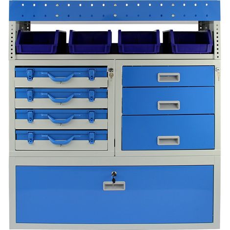 Monster Racking – Rayonnage métallique pour fourgons – 4 tiroirs verrouillables – Capacité 60kg – Acier bleu et gris – Dimensions 101,6cm x 115,8cm x 36cm