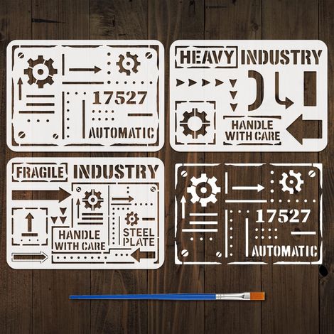 3Pcs Pochoir à Motifs de Style Industriel Rétro pour Peinture Au Pinceau 21x29.7cm Modèle Engrenages Flèches Chiffres Lettres Phrases Pochoir Modèle de Thème Rétro pour Bois Mur Tissu (1/5)
