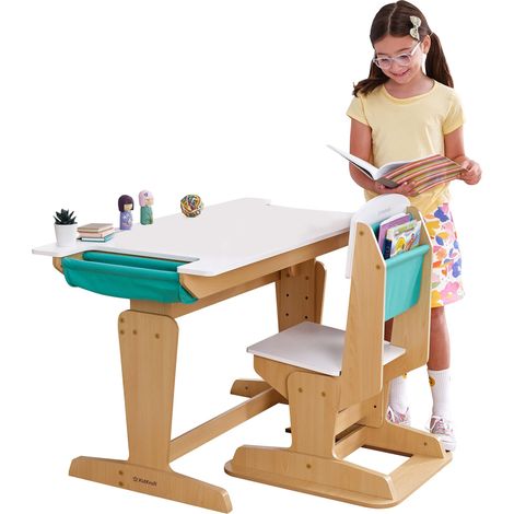 KidKraft Scrivania e Sedia in Legno Regolabile in Altezza per Bambini, Scrivania con Portaoggetti, Mobili per Camera da Letto e Sala Giochi per Bambini, 20307 (1/4)