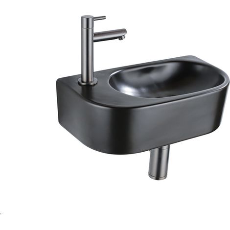 QeramiQ Fuente Ensemble de lavabo - 40x21.5x12cm - gauche - lisse - demi-rond - 1 trou de robinet - céramique - robinet de lavabo gunmetal - bouchon (1/5)
