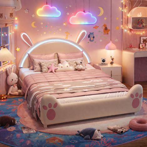 Lit enfant 140x200cm avec LED - design princesse motif lapin et tête de lit - sommier à lattes - Lit fille 2 Personne - Velours rose (1/5)