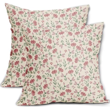 Lot de 2 housses de coussin décoratives vintage et rustiques à motif floral vert et rose, 45 x 45 cm, avec petites fleurs mignonnes, pour extérieur, canapé, sofa et lit