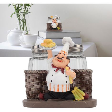 Soporte decorativo de resina para salsas – 2 botellas de vidrio – Figura de chef animada estilo dibujos animados – 7,5 x 10,9 x 10,2 cm – Decoración multifuncional para la cocina (1/5)
