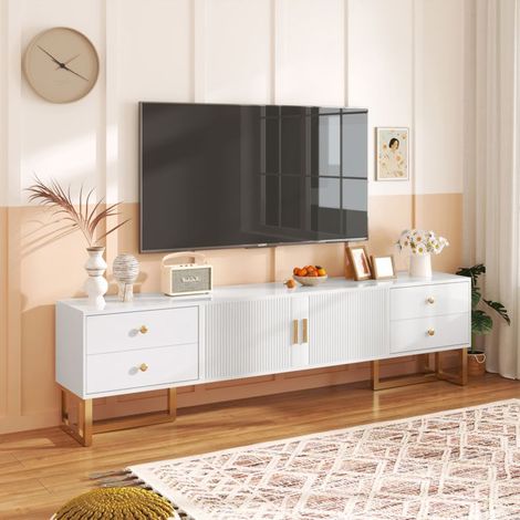 Mueble de TV blanco, con 2 puertas, 4 cajones, manijas y patas doradas, mueble de salón, diseño moderno, 175 x 30 x 46 cm