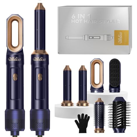 Air Styler 6 en 1, Seche Cheveux avec Brosse Cheveux Bouclés Automatique, Lisseur cheveux, Brosse Souflante, Hair Dryer, Brosse Thermique, Hair Styler pour Sytyling - Blu (1/5)