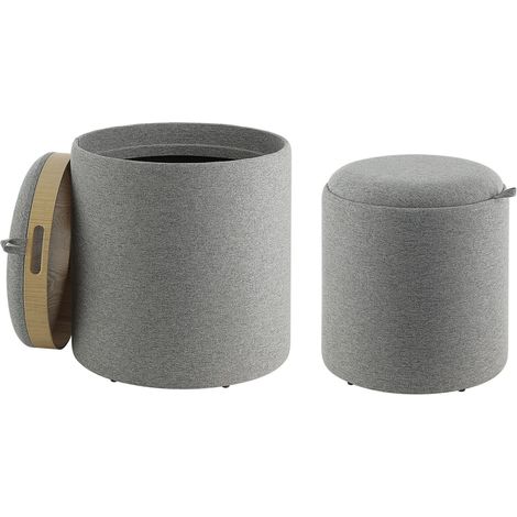 EGLO LIVING 2er Set Hocker mit Stauraum Mashike, Sitzhocker mit Ablage, runde Couch Beistellhocker, Pouf aus Textil in Grau und Holz-Funier in Eiche, Ø 39 cm