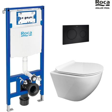 BASTIDOR ROCA DUPLO PACK CISTERNA EMPOTRADA Y PULSADOR PL10 DUAL NEGRO CON WC SUSPENDIDO KP ROUND SMART Blanco Tapa Fina