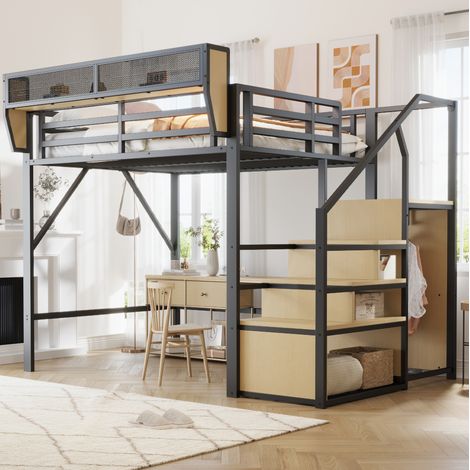 Lit mezzanine 140/200 cm noir en métal avec étagère modulable et échelle sécurisée (1/5)