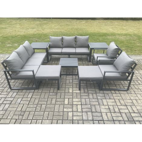 Fimous Aluminium Patio Outdoor Garden Furniture Lounge Sofa Set with Square Coffee Table 2 Chairs 2 Side Tables 2 Big Footstool Dark Grey (1/5)