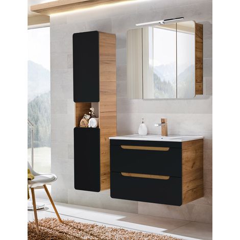 Badmöbelset in seidenmatt anthrazit mit Wotan Eiche Nb. NEW-LUTON mit 81 cm Keramik-Waschtisch & LED-Spiegel, B/H/T ca. 130/200/46 cm (1/5)