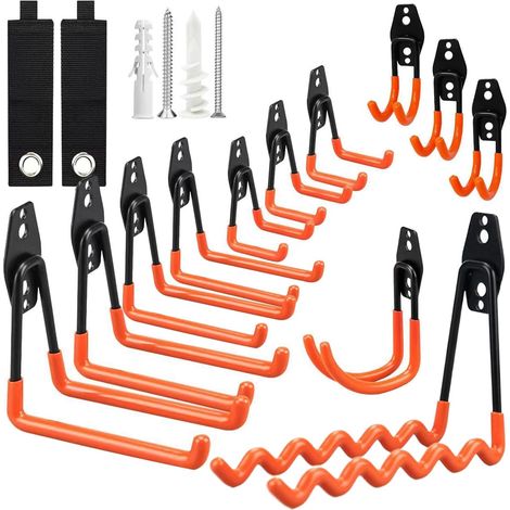12 Pièces Crochet Rangement Garage, Support Velo Mural Robustes avec 2 Serre Câbles, Accessoires Crochets Muraux avec 24 Clous, Mural Crochet Double pour Vélos, Échelles,Cordes,Tondeuses Gazon(Orange) (1/5)