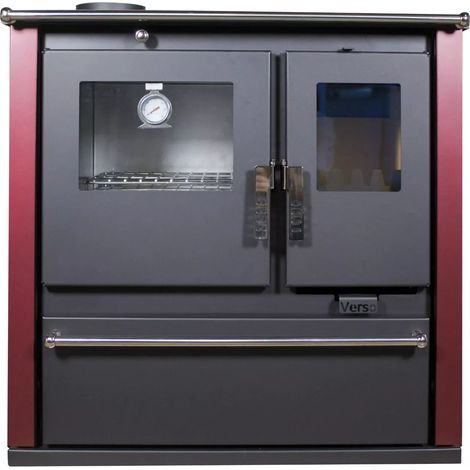 Estufa de leña con horno de inox, placa superior metálica, salida de humos a la izquierda y paneles laterales pintados en bordo Verso CS - 7.7 kW, Versátil y Eficiente (1/5)
